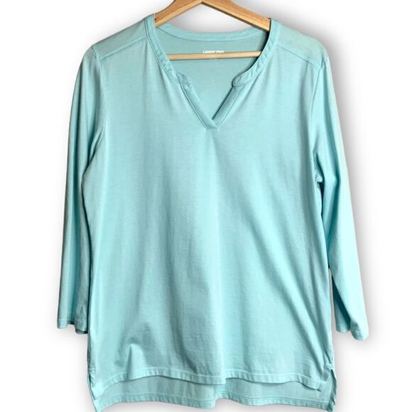 LANDS’ END Turquoise Split Vee Neck Tee 100% Cotton MADE IN PERU Sz M - Picture 1 of 9